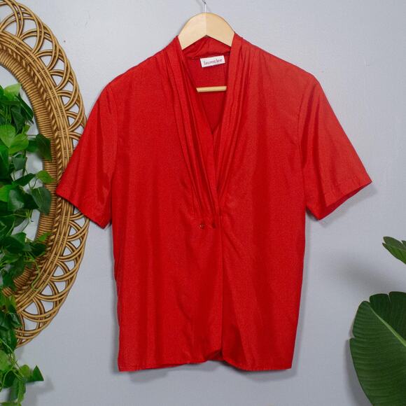 Vtg Red Draped Blouse Snap Neck Button Front Short Sleeve 80s | Bright Spring - Picture 2 of 12